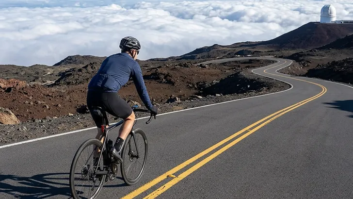 Mannelijke wielrenner met helm beklimt een vulkaan op Hawaï en fietst over een geasfalteerde weg boven een indrukwekkend wit wolkendek.