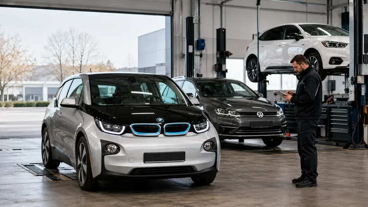 BMW i3 en Volkswagen Golf tijdens inspectie in een moderne autowerkplaats
