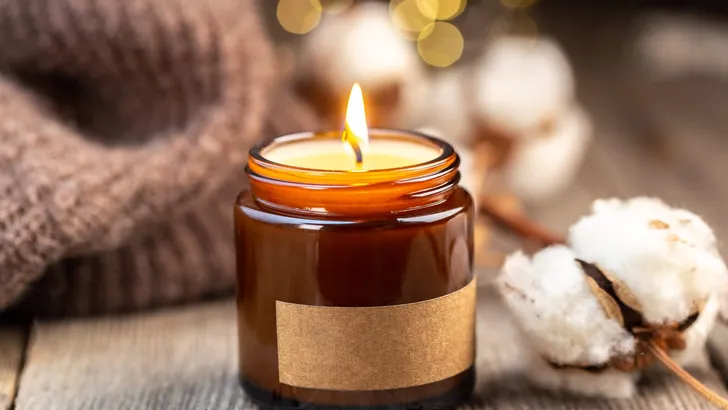 Burning candle in a glass jar with label mock up