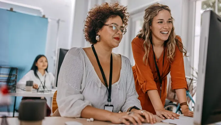 Two business colleagues working together on desktop computer at office