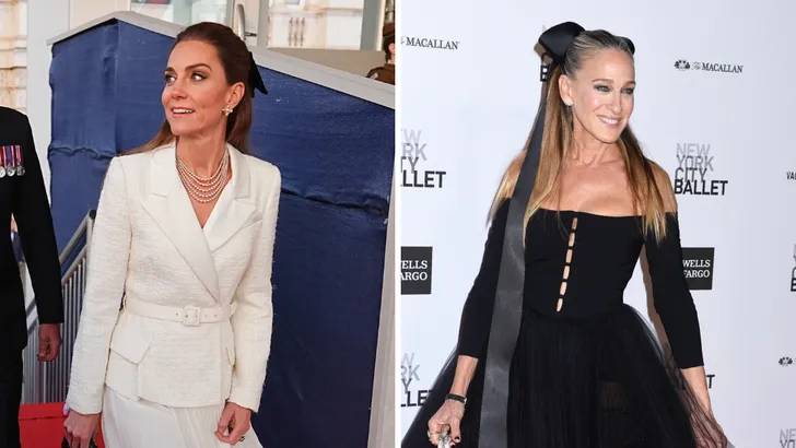 Tweeluik foto's met links prinses Kate en rechts Sarah Jessica Parker, die allebei strikken in het haar dragen.