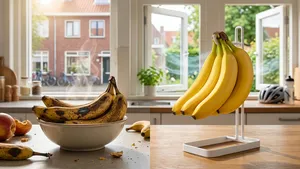 Een gesplitst beeld ('Voor & Na') in een heldere Nederlandse keuken. Links een fruitschaal met overrijpe, bruine bananen; rechts een tros perfecte gele bananen die aan een moderne hanger hangt. Subtiele wielren-elementen op de achtergrond.
