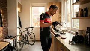 Een wielrenner in volledige fietskleding bereidt aandachtig een filterkoffie in een lichte, moderne keuken.