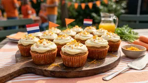 Feestelijke oranje wortelcakejes voor Koningsdag, gegarneerd met een romige witte citroenglazuur en sinaasappelrasp.