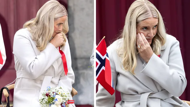 Wat is longfibrose? Prinses Mette-Marit hoestend en met neusbril bij Nationale Dag van Noorwegen, mei 2026.