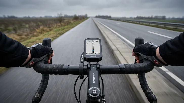 Een wielrenner staart naar zijn fietsnavigatie die hem rechtuit stuurt over een saaie weg, terwijl hij een afslag naar een prachtig kronkelend landweggetje mist.