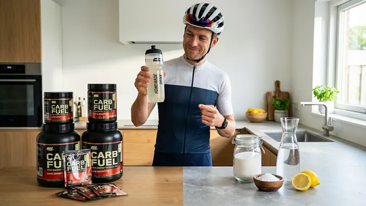 Een mannelijke wielrenner met helm kijkt tevreden naar zijn zelfgemaakte isotone sportdrank in een bidon, met op de achtergrond de simpele ingrediënten suiker, zout en water als contrast met dure sportvoedingspoeders.