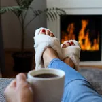 Woman warming feet on fireplace and drinking coffee