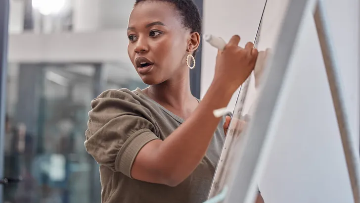 Business, board and black woman with presentation, planning and explain process at a workshop. Female person, presenter and speaker writing, brainstorming and motivation with profit growth and mentor