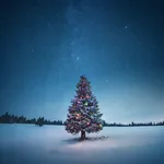 Holiday background with illuminated Christmas tree under starry night sky.