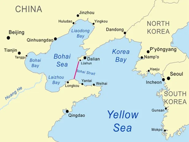 Bohai Strait Tunnel project (rode lijn)