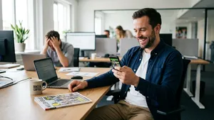 Triomfantelijke man lacht om de tussenstand in zijn Tourpool op zijn telefoon terwijl een collega op de achtergrond baalt.