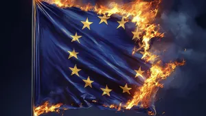 Een Europese vlag met vuur
