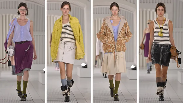 Van catwalk naar kast: Vierluik foto's met looks uit Onitsuka Tiger's Spring Summer 2026-collectie.