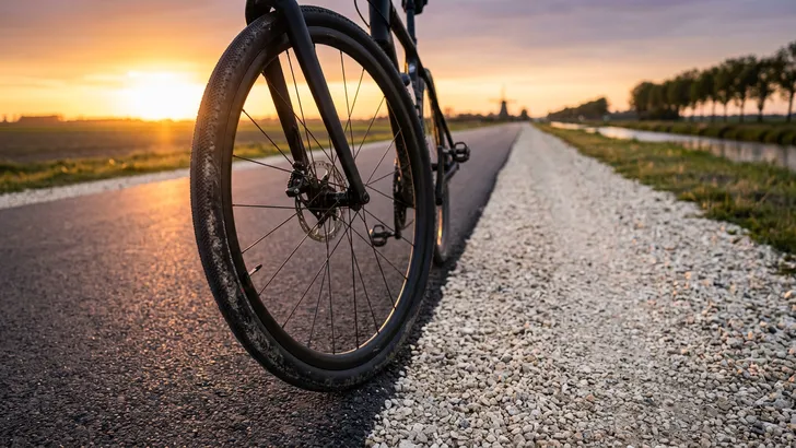 Close-up van het voorwiel van een all-road racefiets die op de grens van een asfaltweg en een gravelpad rijdt tijdens zonsondergang.
