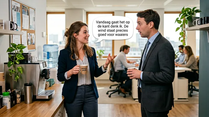 Een jonge vrouw in kantoorkleding staat met een kopje koffie bij de koffieautomaat en praat vol overtuiging met een verraste mannelijke collega, passend bij het thema meepraten over wielrennen.