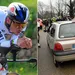 Splitafbeelding van twee wedstrijden die het wielrennen van deze week belichamen. Links Remco Evenepoel op de tijdritfiets, rechts een auto die het peloton in is gereden.