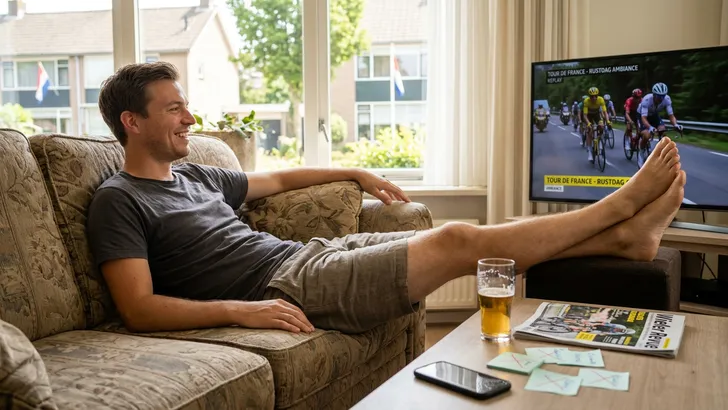 Relaxte mannelijke wielerfan ligt op de bank te ontspannen met een biertje, smartphone omgedraaid op de salontafel en een Wieler Revue, in een typisch Nederlandse woonkamer.