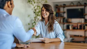 Happy caucasian woman, getting hired for the job