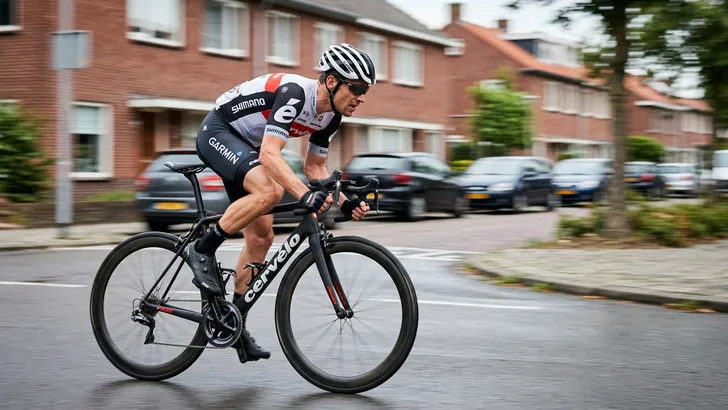 Een wielrenner met fietshelm trekt direct vanuit zijn woonwijk een felle sprint op de racefiets, zonder tijd te nemen voor een fysiologische opstart.
