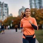 Happy sportswoman with earbuds running in park.