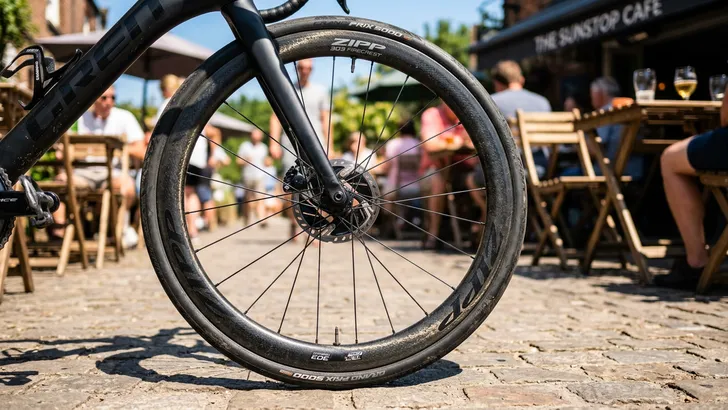 Close-up van het voorwiel van een racefiets die, naast een terrasje, vol in de felle zomerzon staat te branden.