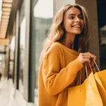 Smiling attractive young women shopping at shoes store, ai generated