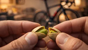 Extreme close-up van twee pistachenootjes, met de felgroene noot zichtbaar tussen de schalen. Op de wazige achtergrond staat een racefiets tegen een muur in een warm verlichte woonkamer.