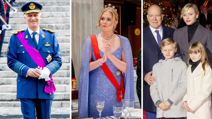 Hardst werkende royals 2024 – Drieluik foto's met links koning Filip, midden prinses Amalia, en rechts prins Albert en prinses Charlene met hun kinderen.