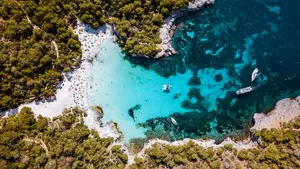 Aerial view of Cala Turqueta beach, Menorca, Balearic Islands, Spain