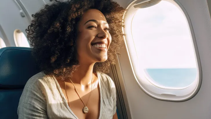 A photo of a joyful woman seated by the window on an airplane. Travel Concept. Generative AI