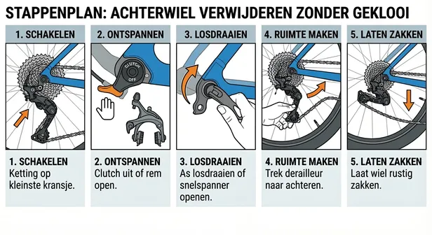 Infographic met een stappenplan van vijf afbeeldingen die laten zien hoe je een achterwiel van een racefiets verwijdert: schakelen naar het kleinste kransje, de clutch of rem ontspannen, de as losdraaien, de derailleur naar achteren trekken en het wiel laten zakken.