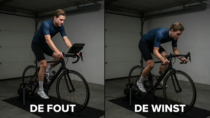 Manier om je aerohouding te trainen: het verschil tussen rechtop zittend op de indoortrainer en in een diepe, aerodynamische fietshouding.
