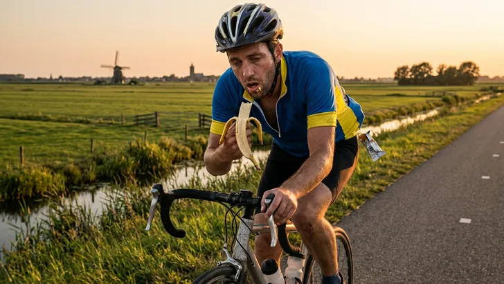 Een uitgeputte amateurwielrenner probeert tijdens het fietsen in een Nederlands polderlandschap een banaan te eten.