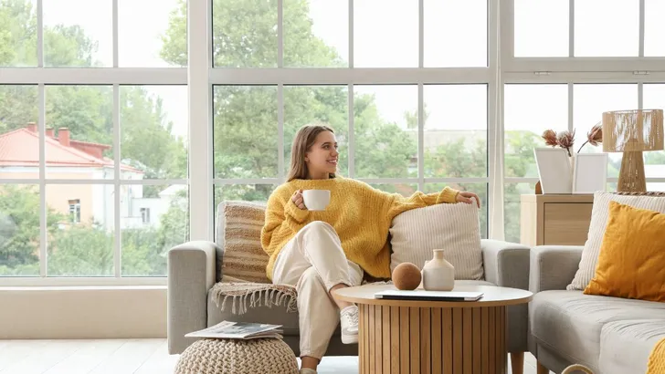 Vrouw ontspant thuis op de bank met een kop thee in de hand.