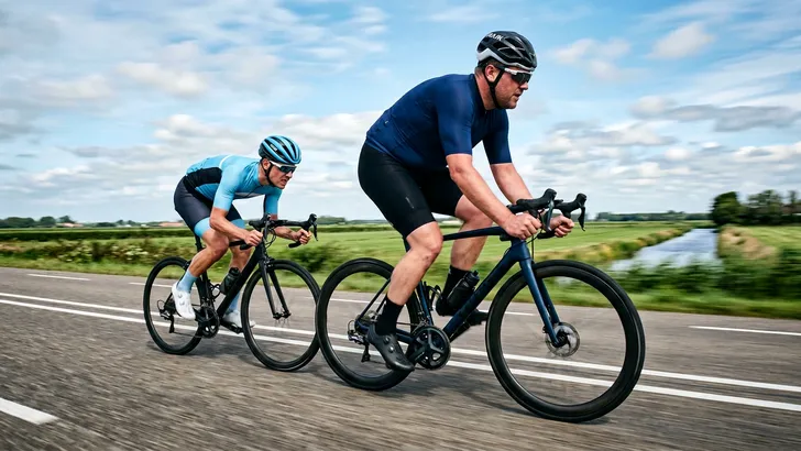 Een wielrenner fietst geconcentreerd in de onrustige slipstream van een bredere fietser in de polder.