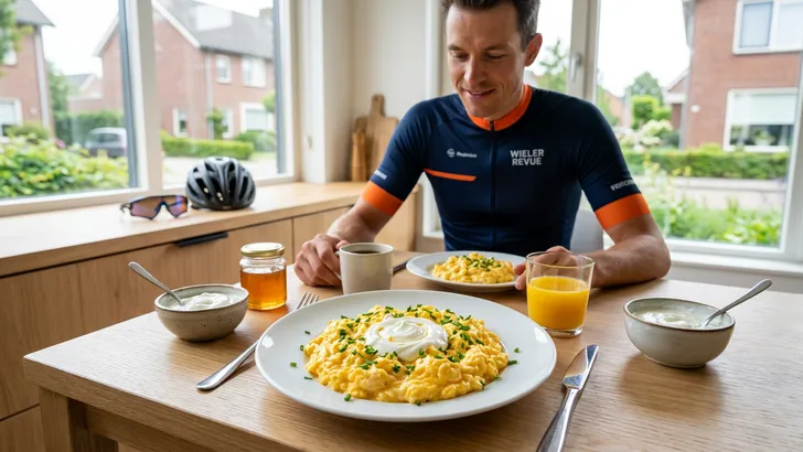 Een Wieler Revue-wielrenner zit na zijn training aan een ontbijttafel met een bord romig roerei. Een lepel Griekse yoghurt is zichtbaar in het midden van het gerecht, in een moderne Nederlandse keuken.