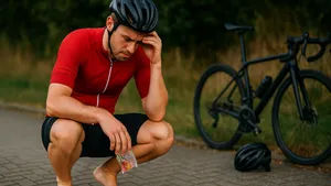 Teleurgestelde wielrenner in rood shirt hurkt op een weegschaal langs de weg, met zijn racefiets op de achtergrond.