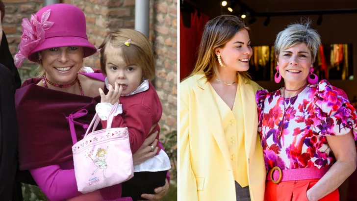 Tweeluik foto's van prinses Laurentien en gravin Eloise. Links een foto uit 2005, rechts uit 2025.