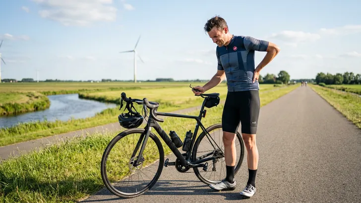 Een mannelijke wielrenner zonder helm staat naast zijn racefiets met een inbussleutel in zijn hand en wrijft over zijn pijnlijke onderrug.