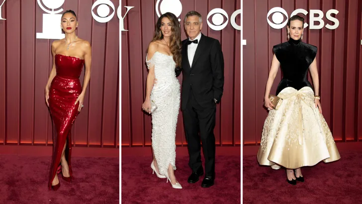Drieluik foto's van sterren op de rode loper bij de Tony Awards 2025. Links Nicole Scherzinger, midden Amal en George Clooney en rechts Sarah Paulson