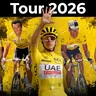 Tadej Pogacar maakt in de gele trui een vijf met zijn handen, met Tourlegendes Merckx, Hinault, Indurain en Anquetil op de achtergrond, met Tour 2026 als tekst.