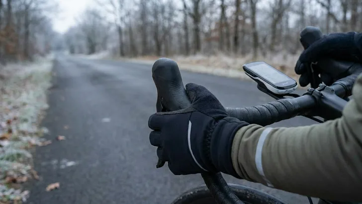 Close-up van een mannelijke wielrenner die elektronisch schakelt op een racefiets, met focus op de hand op de shifter en een onscherpe achtergrond.
