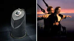Tweeluik foto's met links de Hope Diamond en rechts een scène uit Titanic.