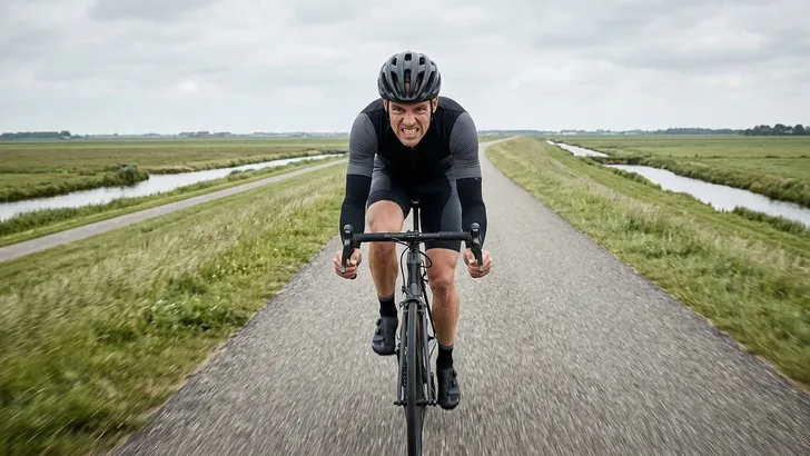 Mannelijke wielrenner levert maximale inspanning tijdens een VO2 max-training op een Nederlandse polderdijk.