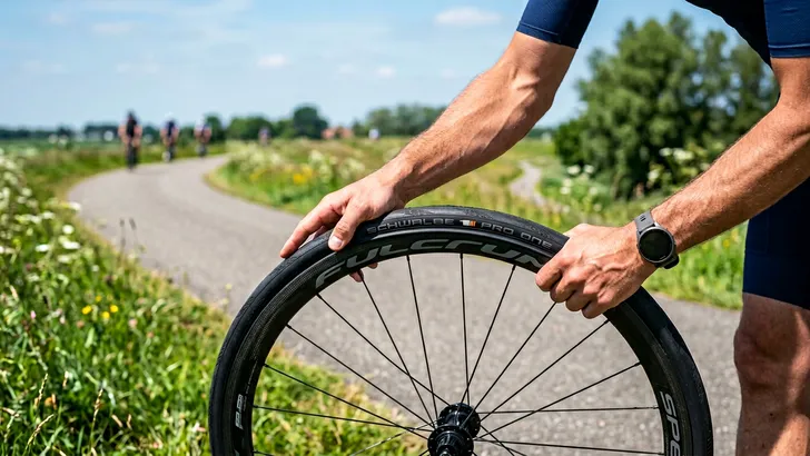 Een wielrenner monteert een band op een carbon racewiel op een fietspad.