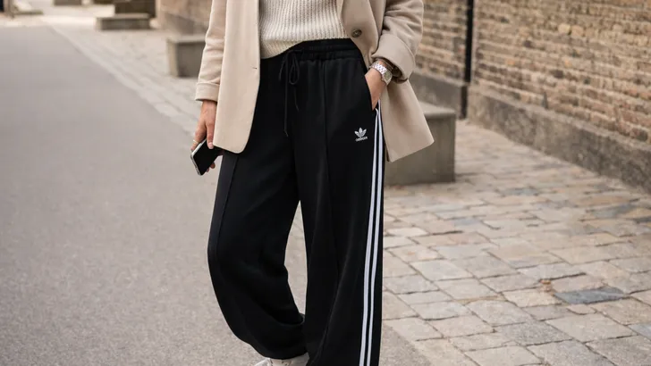 Vrouw op straat in zwarte Adidas-broek met witte strepen, gecombineerd met een lichte blazer, trui en sneakers voor een casual-chique look.