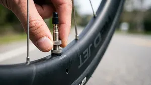 Extreme close-up van vingers die het metalen ringetje op een fietsventiel strak tegen de velg aan draaien.