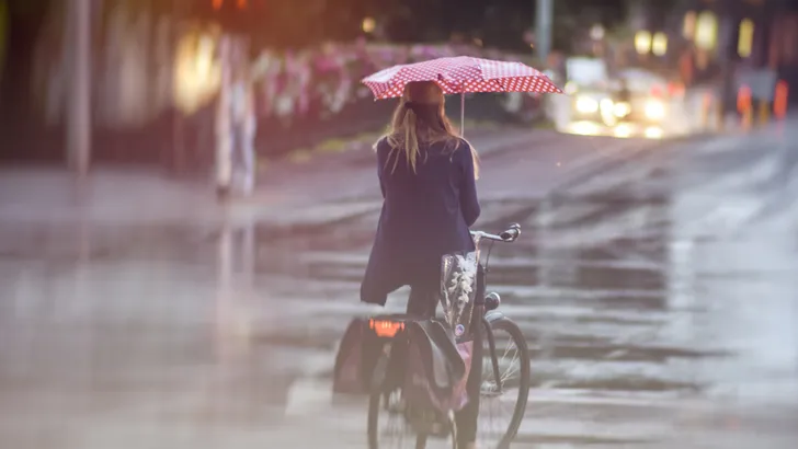 vrouw fiets regen paraple