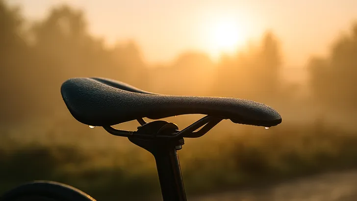 lose-up van een racefietszadel met dauwdruppels in zacht ochtendlicht, symbool voor het artikel over fietsen en vruchtbaarheid.